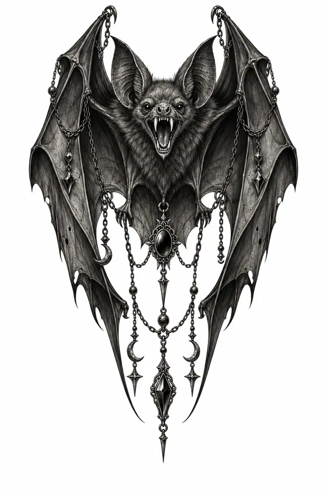 Black and grey gothic bat tattoo design for the calf