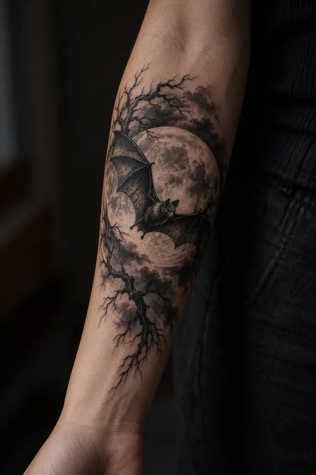 Black and grey gothic bat tattoo on the forearm