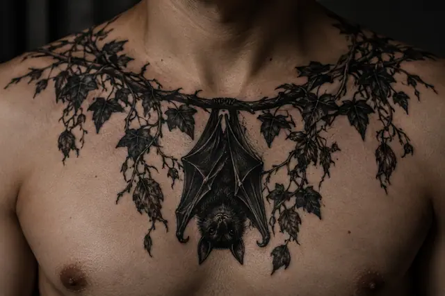 Blackwork gothic bat tattoo on the chest