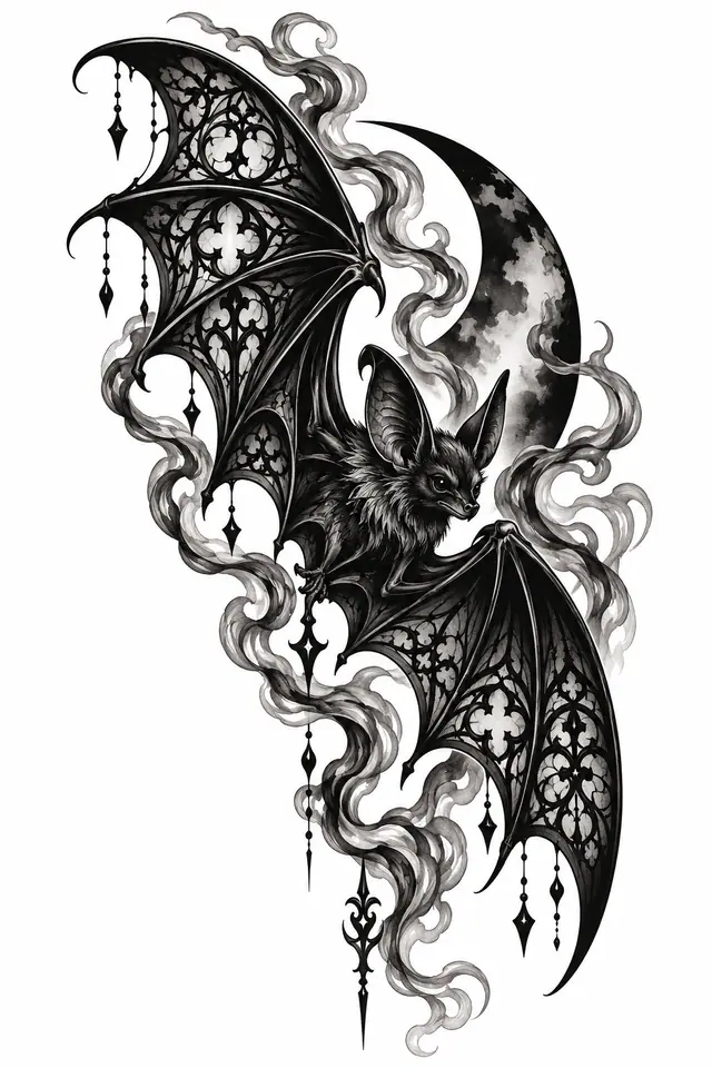 Blackwork gothic bat tattoo design for the upper arm (half sleeve)