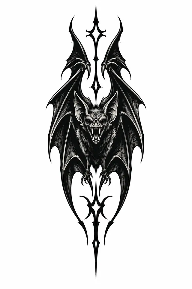 Blackwork gothic bat tattoo design for the spine