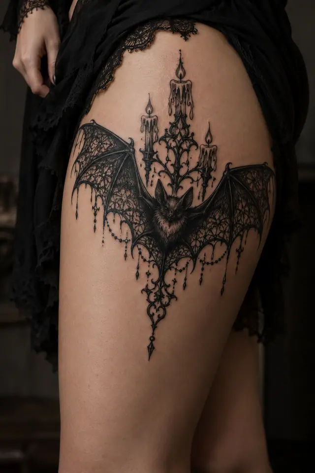 Blackwork gothic bat tattoo on the thigh
