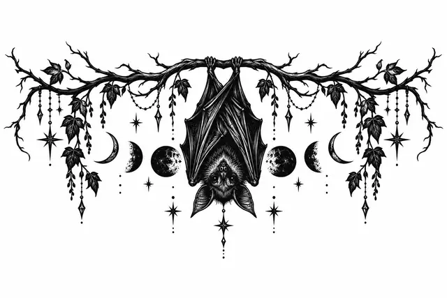 Blackwork gothic bat tattoo design for the throat