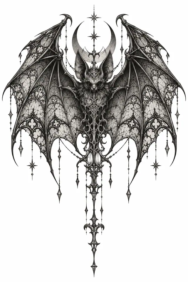 Dotwork gothic bat tattoo design for the back