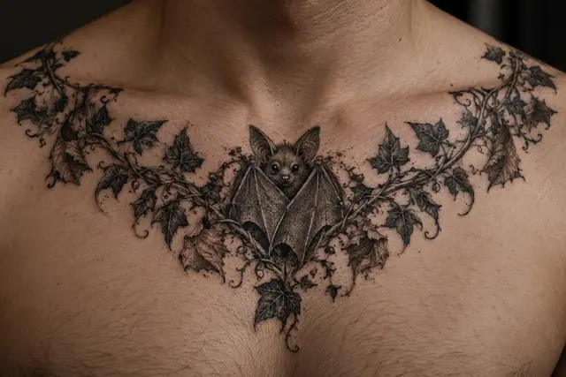 Dotwork gothic bat tattoo on the chest