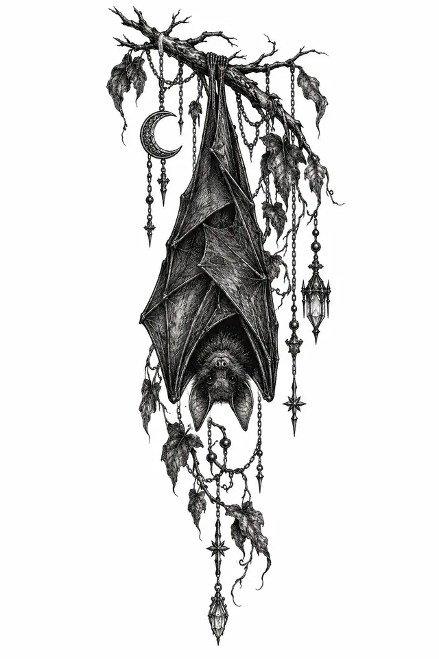 Engraving-style gothic bat tattoo design for the calf