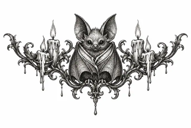 Engraving-style gothic bat tattoo design for the chest