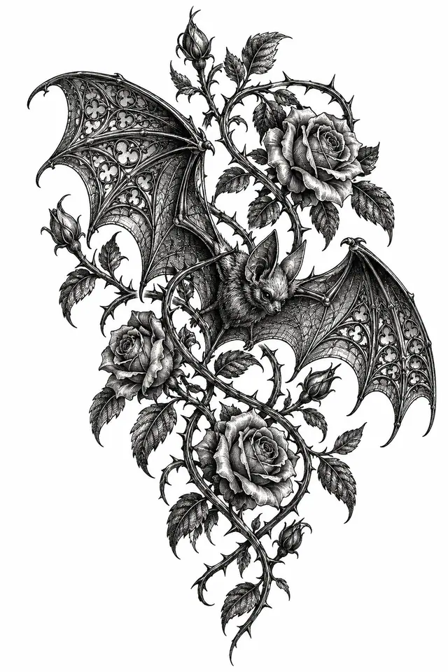 Engraving-style gothic bat tattoo design for the upper arm (half sleeve)