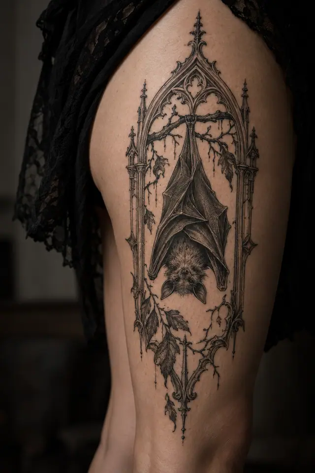 Engraving-style gothic bat tattoo on the thigh