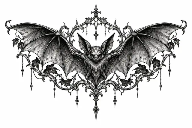 Engraving-style gothic bat tattoo design for the throat