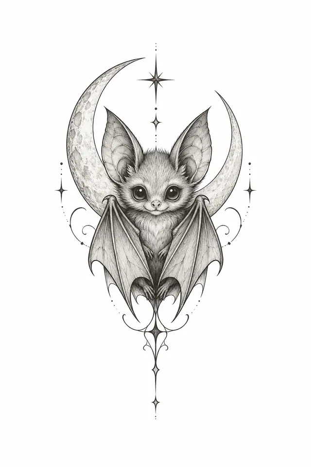 Fine-line gothic bat tattoo design for the hand