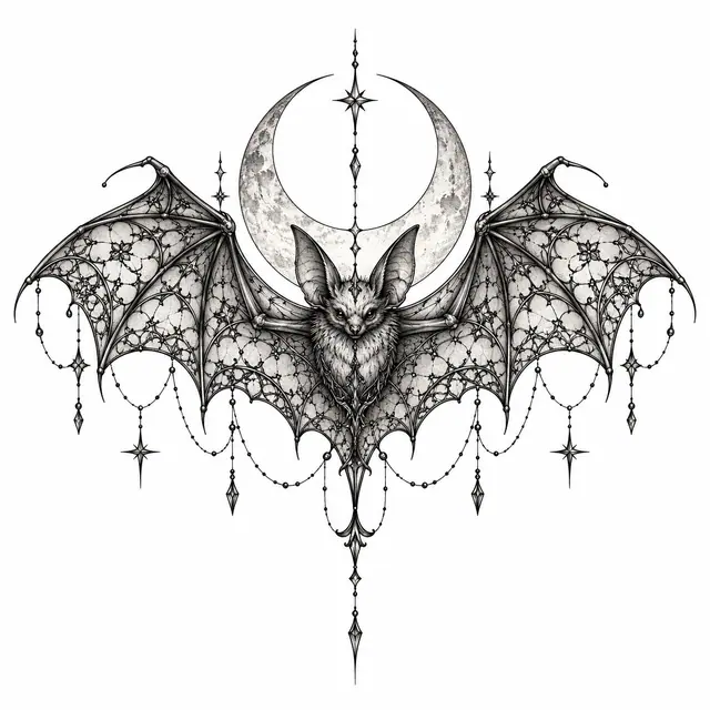 Fine-line gothic bat tattoo design for the shoulder