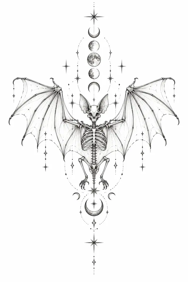 Fine-line gothic bat tattoo design for the sternum