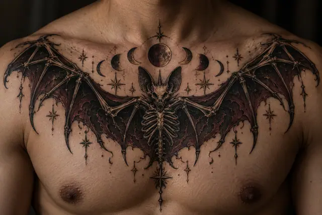 Neo-traditional gothic bat tattoo on the chest