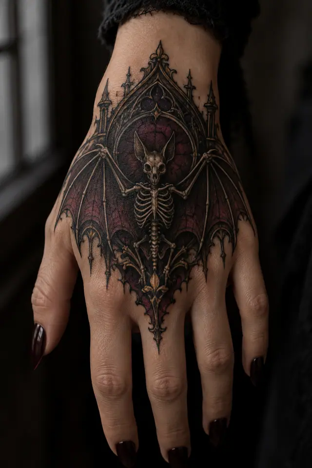 Neo-traditional gothic bat tattoo on the hand