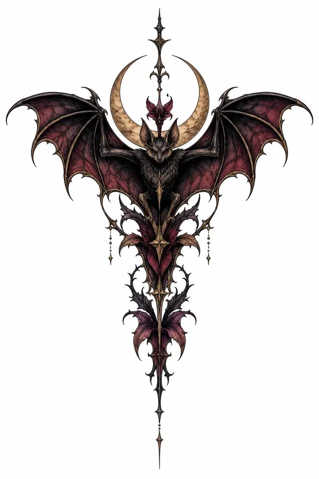 Neo-traditional gothic bat tattoo design for the spine