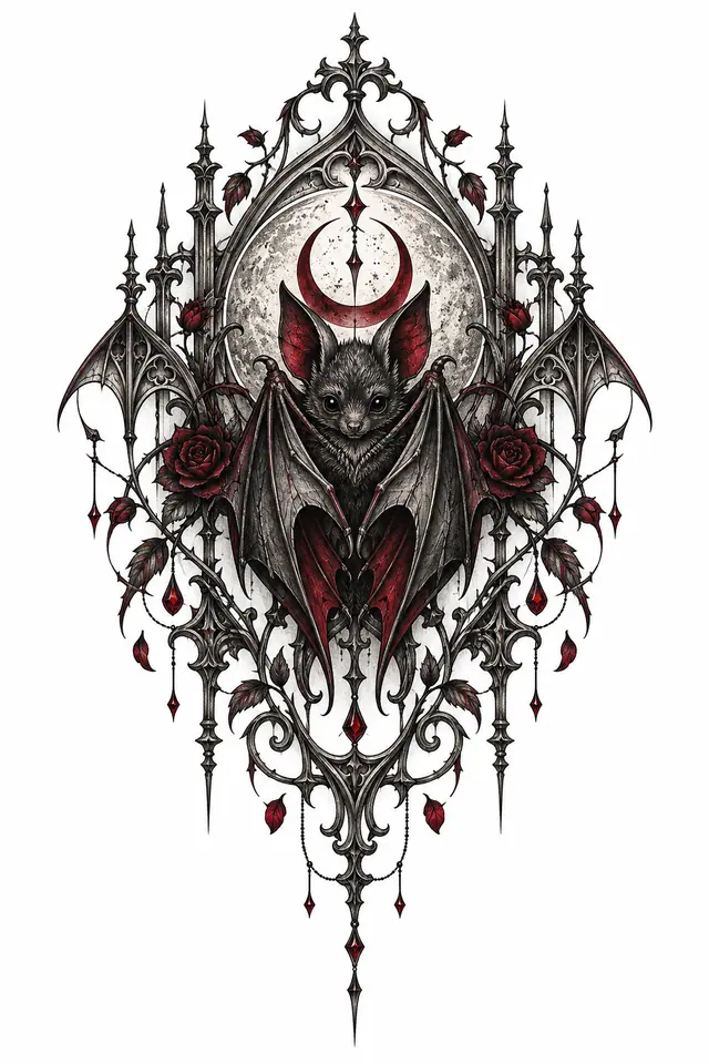 Red and black gothic bat tattoo design for the back