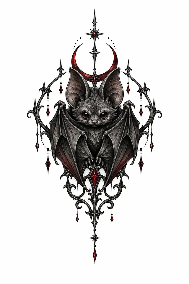 Red and black gothic bat tattoo design for the hand