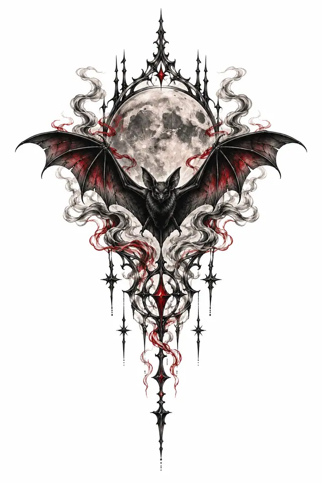 Red and black gothic bat tattoo design for the sternum