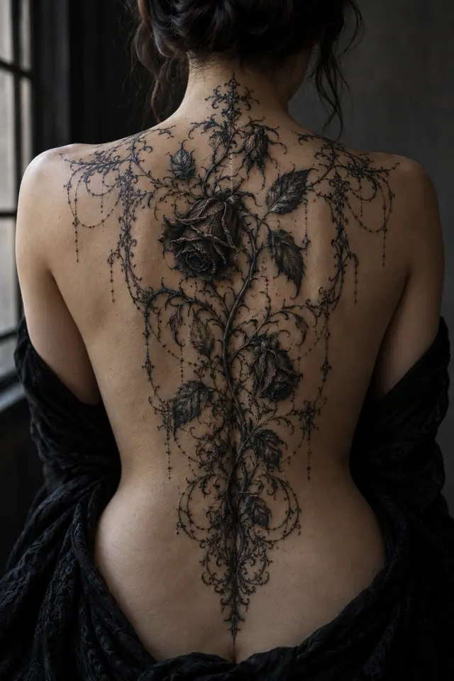 Black and grey black rose tattoo on the back