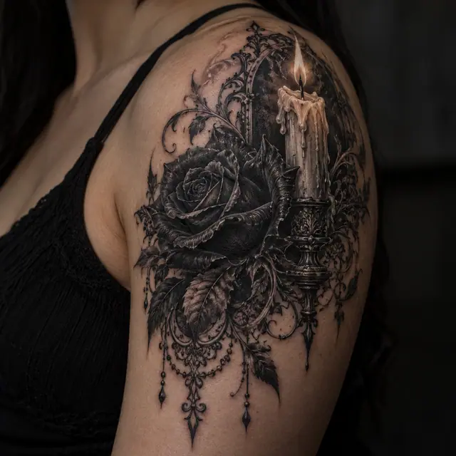 Black and grey black rose tattoo on the shoulder