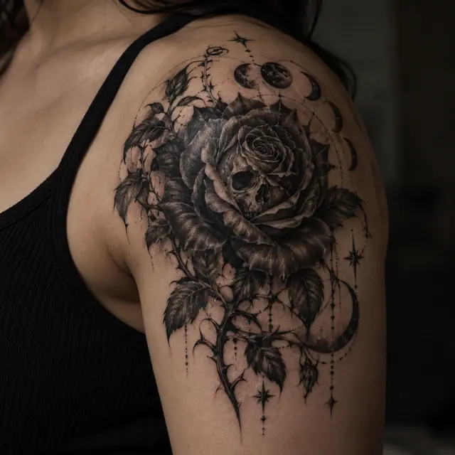 Black and grey black rose tattoo on the shoulder
