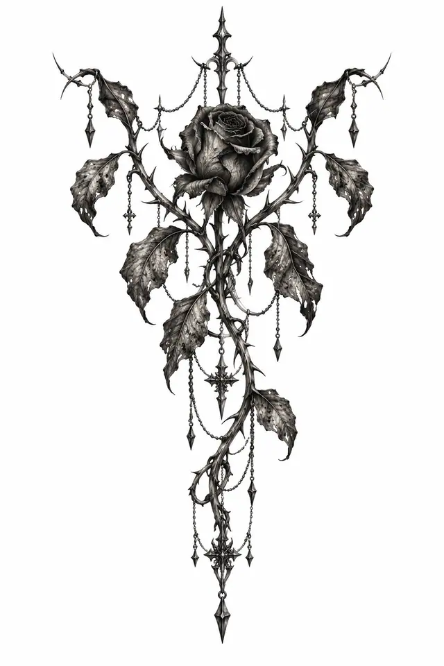 Black and grey black rose tattoo design for the sternum