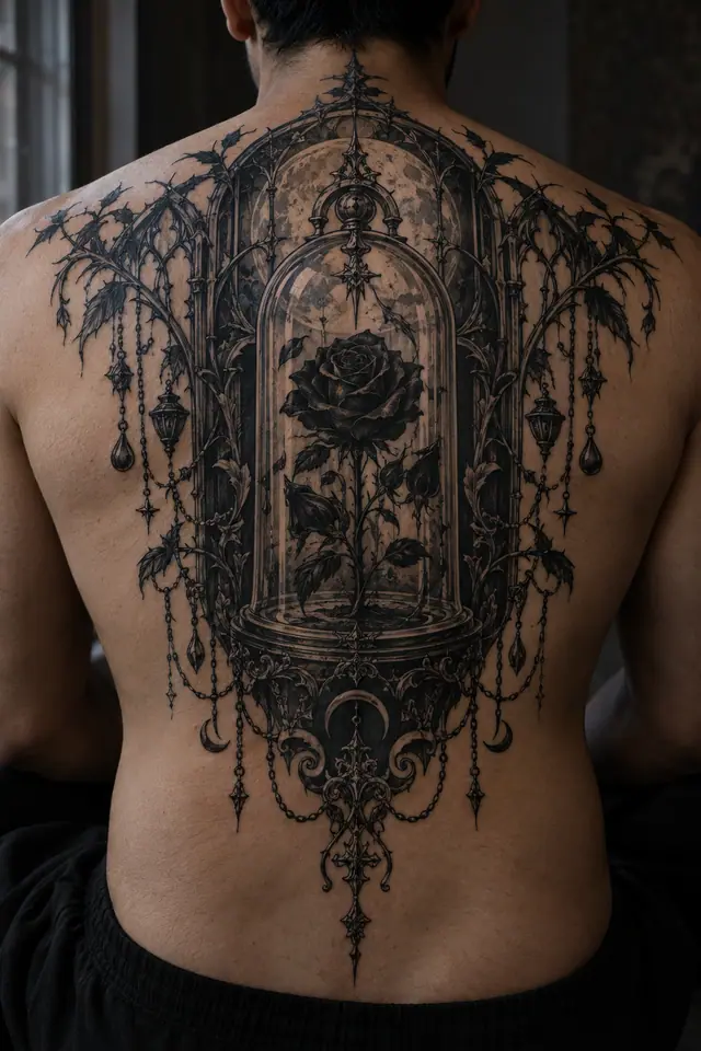 Blackwork black rose tattoo on the back