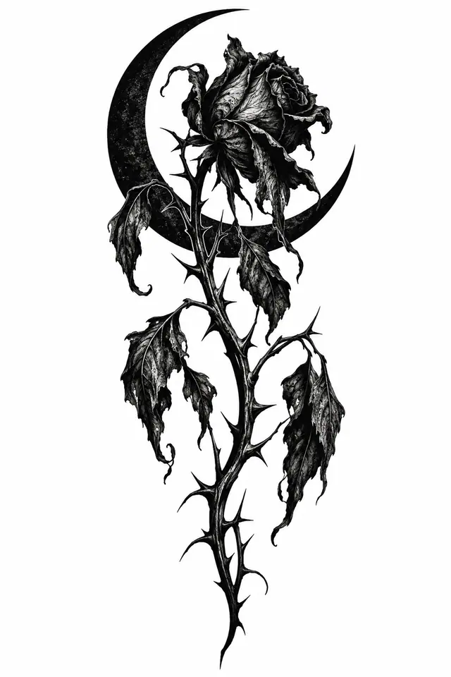 Blackwork black rose tattoo design for the calf