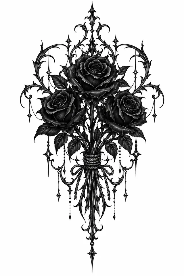 Blackwork black rose tattoo design for the sternum