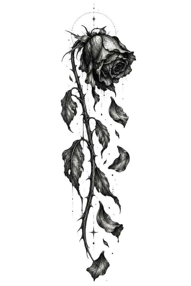 Disegno di tatuaggio con una rosa nera in stile dotwork per l'avambraccio