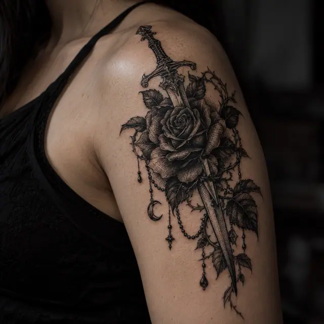 Dotwork black rose tattoo on the shoulder