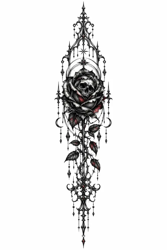 Dotwork black rose tattoo design for the spine