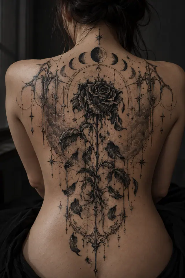 Engraving-style black rose tattoo on the back