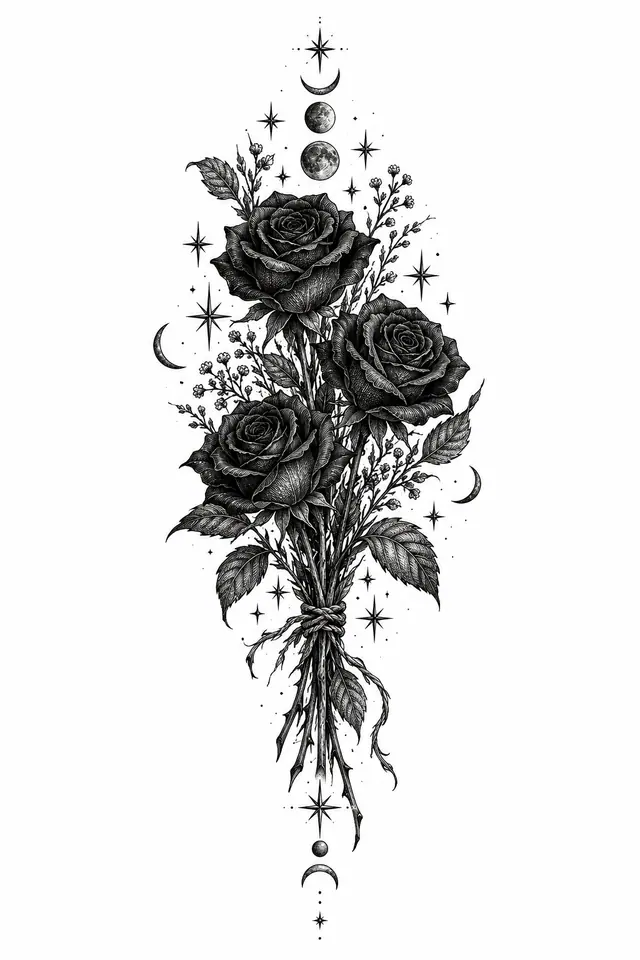 Engraving-style black rose tattoo design for the forearm