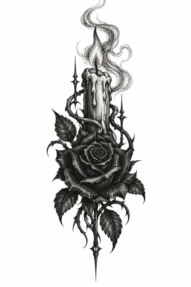 Engraving-style black rose tattoo design for the hand