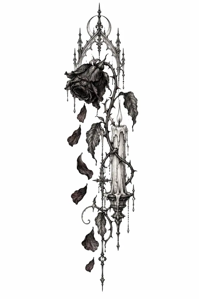 Fine-line black rose tattoo design for the calf