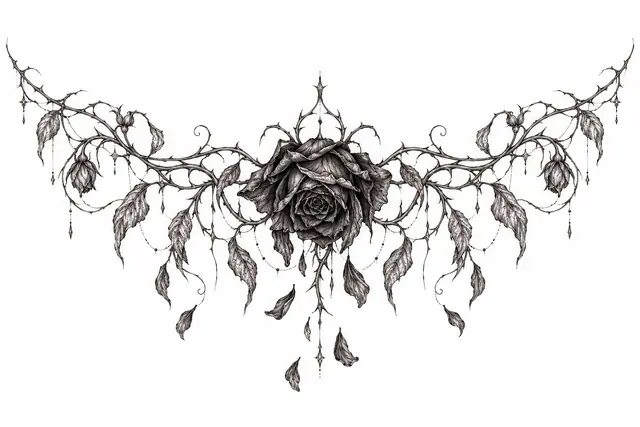 Fine-line black rose tattoo design for the chest