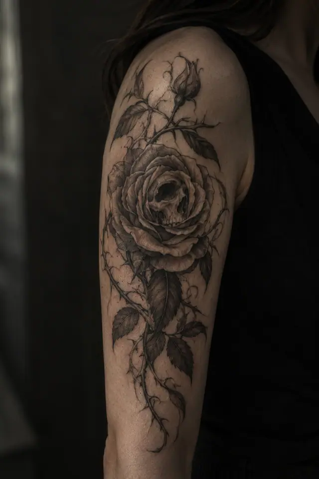 Fine-line black rose tattoo on the upper arm (half sleeve)