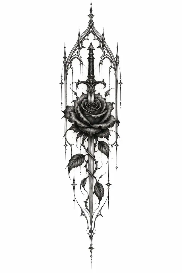 Disegno di tatuaggio con una rosa nera in stile fine line per la colonna vertebrale