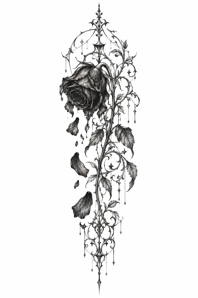 Fine-line black rose tattoo design for the thigh