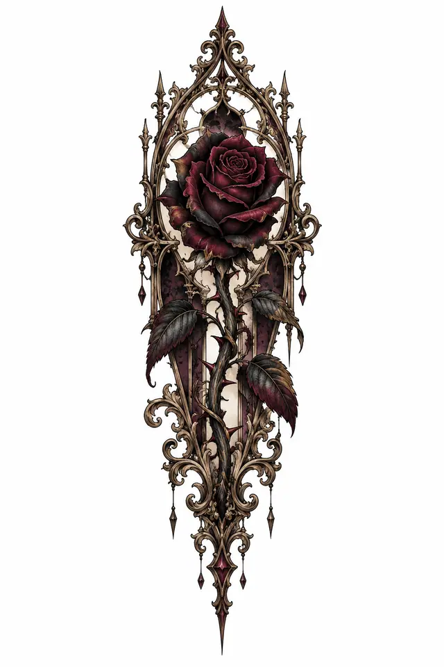 Neo-traditional black rose tattoo design for the calf