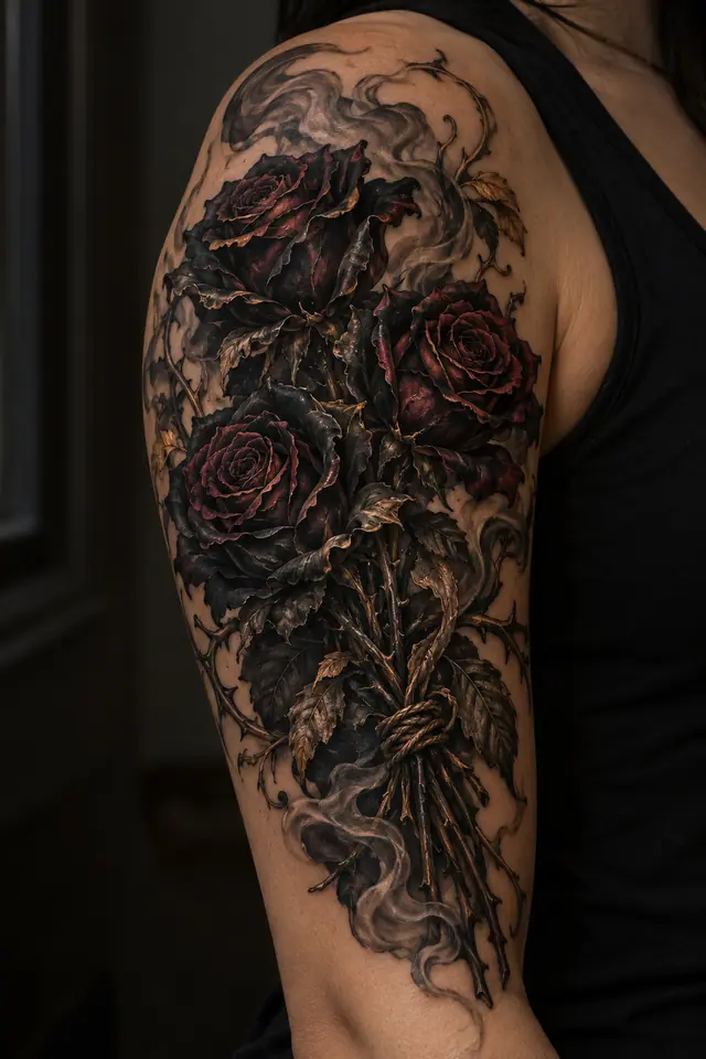 Neo-traditional black rose tattoo on the upper arm (half sleeve)