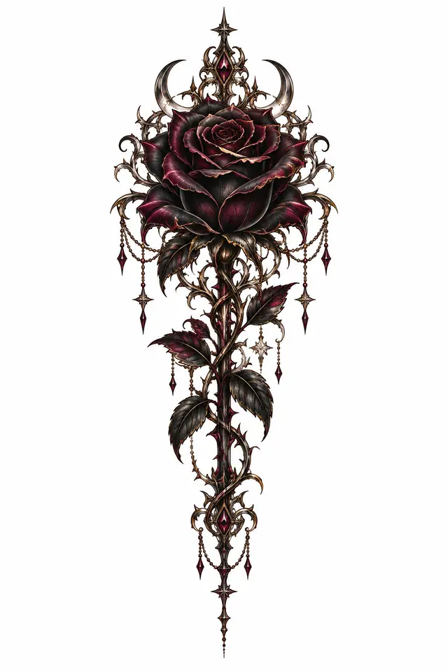 Neo-traditional black rose tattoo design for the sternum