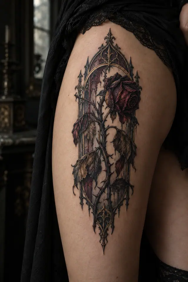 Neo-traditional black rose tattoo on the thigh