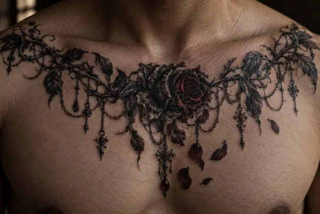 Red and black black rose tattoo on the chest