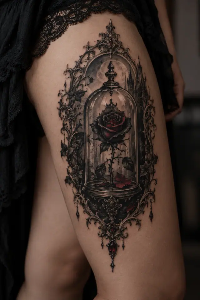 Red and black black rose tattoo on the thigh