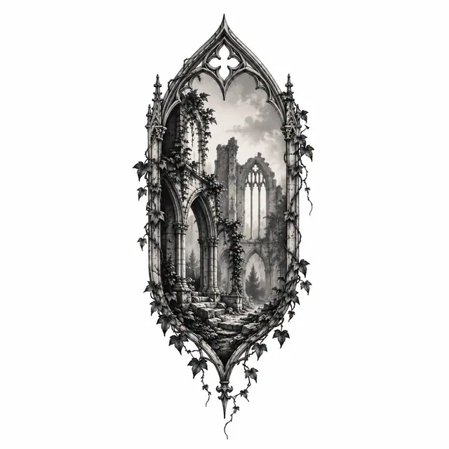 Black and grey gothic cathedral tattoo design for the ankle