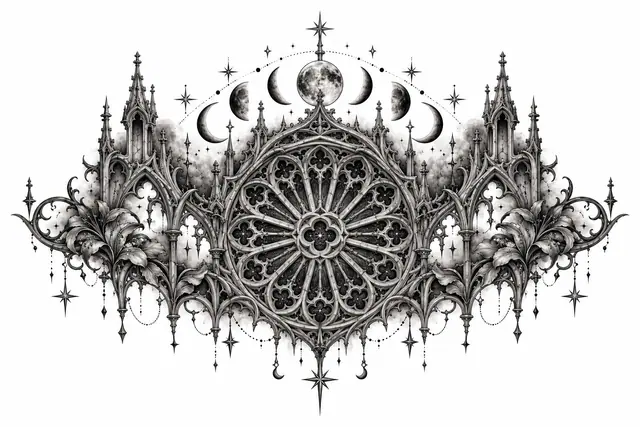 Black and grey gothic cathedral tattoo design for the chest