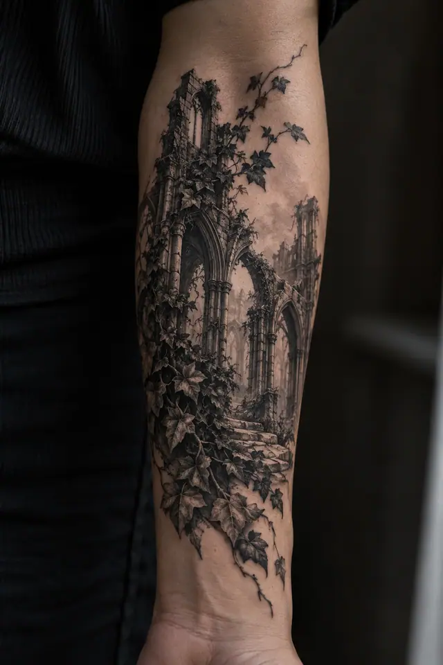 Black and grey gothic cathedral tattoo on the forearm